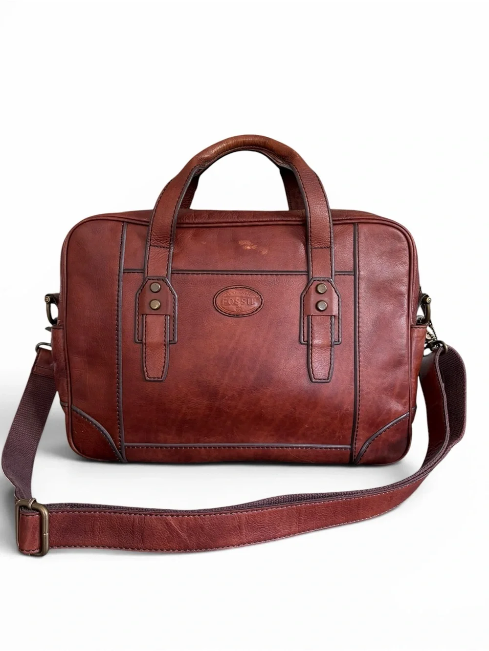 Fossil Chestnut Brown Leather Laptop Bag with Shoulder Strap